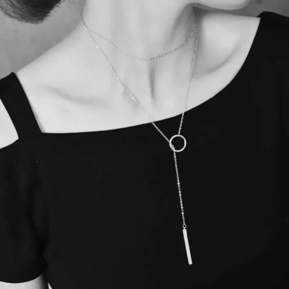 925 Sterling Silver Lariat Necklace Circle & Bar Drop Necklace Minimalist Chain - Picture 7 of 8
